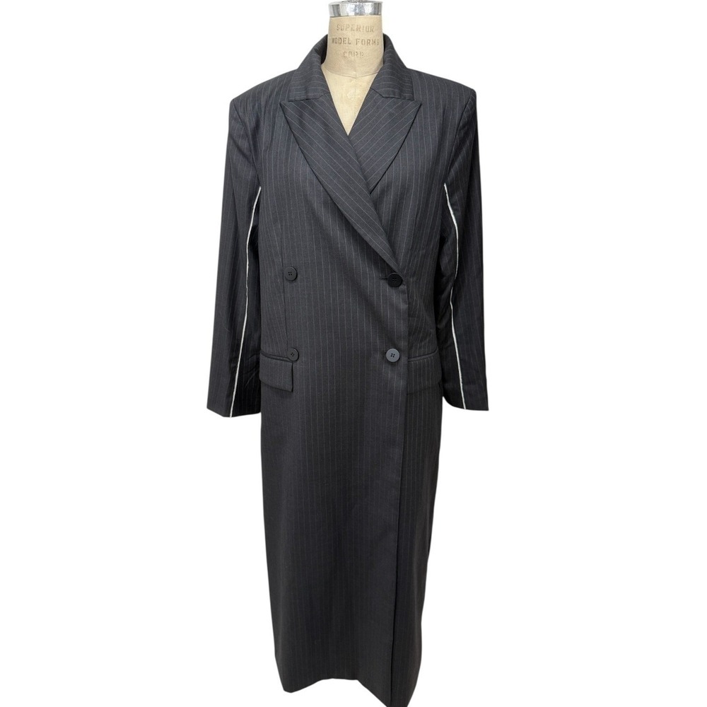 NEW St. Agni Pinstripe Maxi Coat Womens L Wool Blend Black Double Breasted